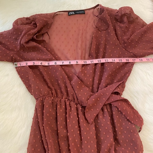 Zara Rose Pink Swiss Dot V-Neck Long Sleeve Wrap Romper Mini Dress Size XS - Picture 10 of 11